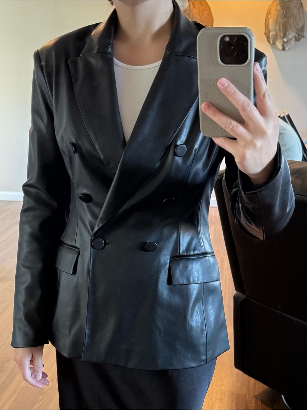 ZARA Black Double-Breasted Faux Leather Blazer
